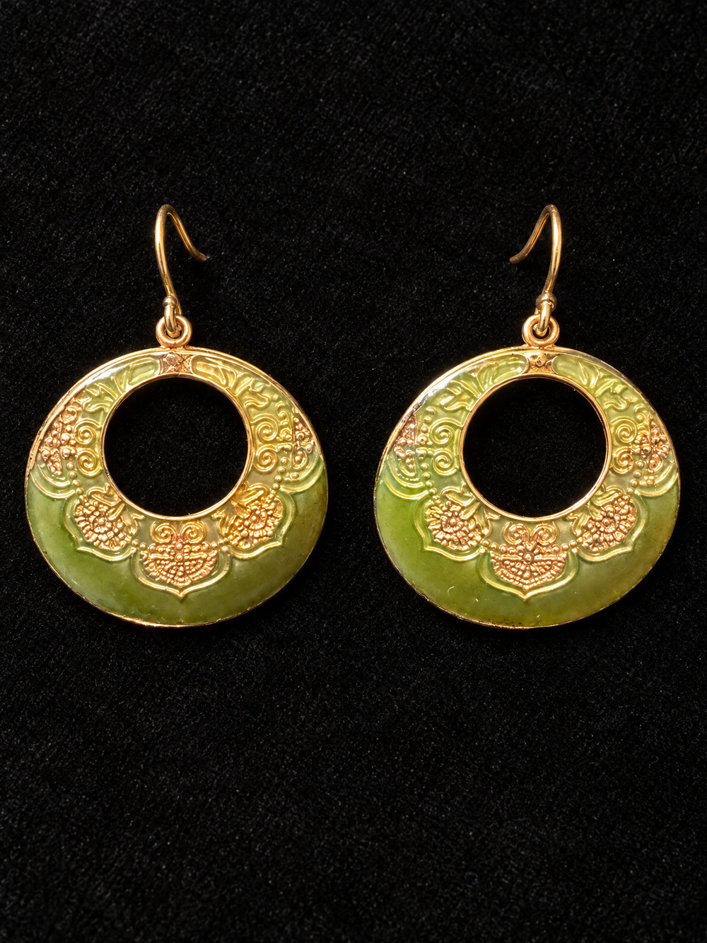 ⚜️ Open Hoop Drop Earrings | Green & Gold Filigree | Fish Hook 💗